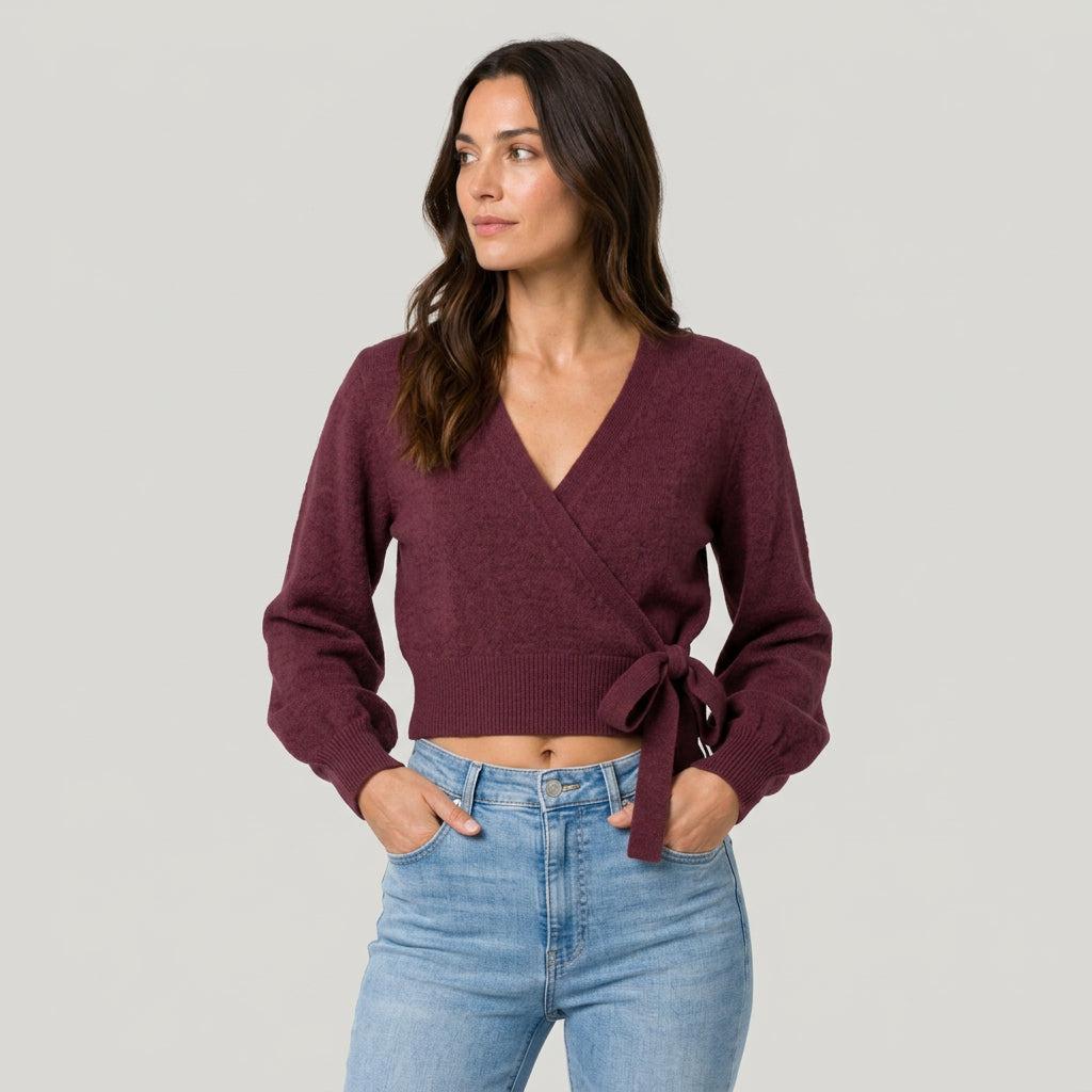 Women's wrap cardigan in Burgundy | Fittleworth – front view