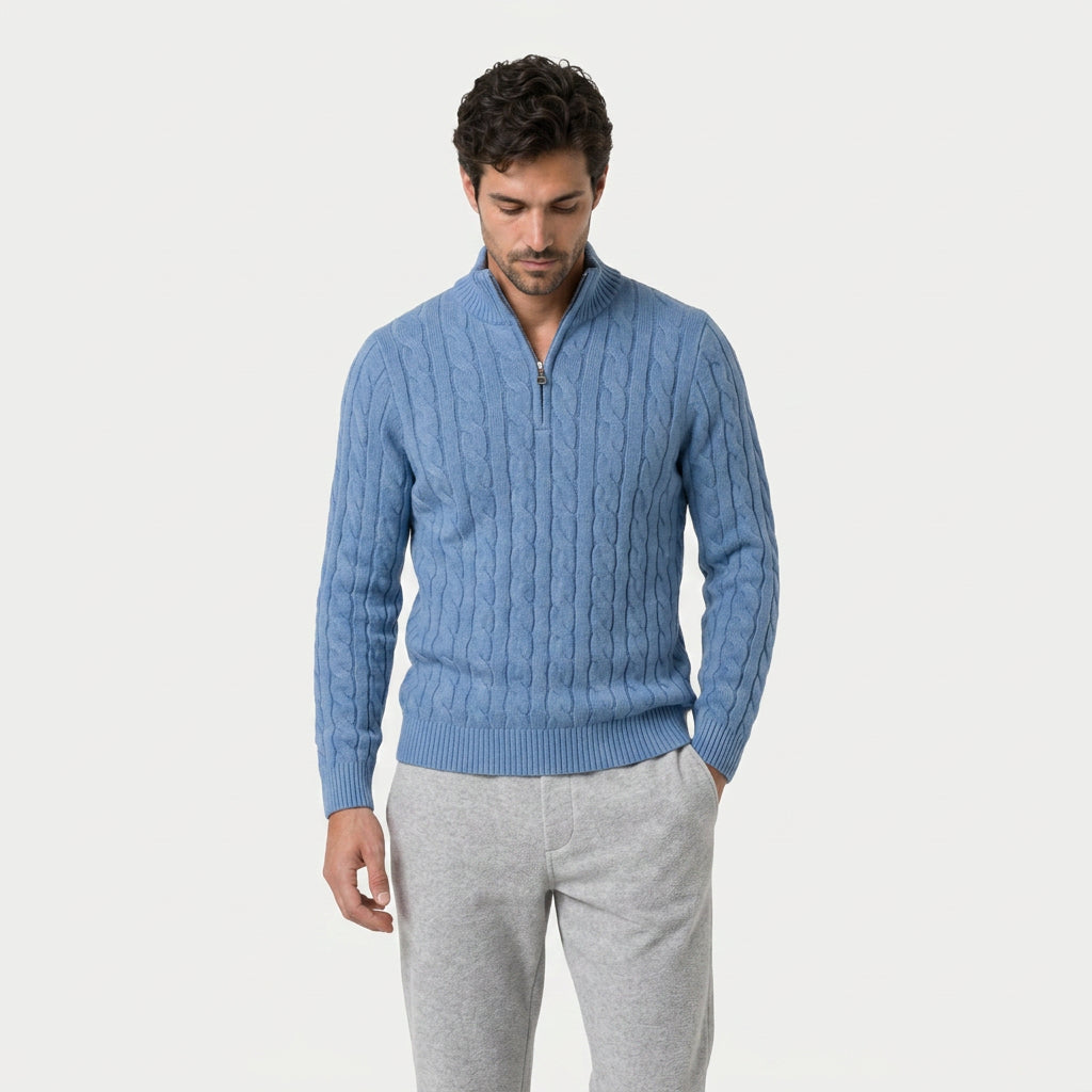 Men's cable knit quarter-zip jumper in Light Blue | Ombersley – front view