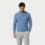 Men's cable knit quarter-zip jumper in Light Blue | Ombersley – front view