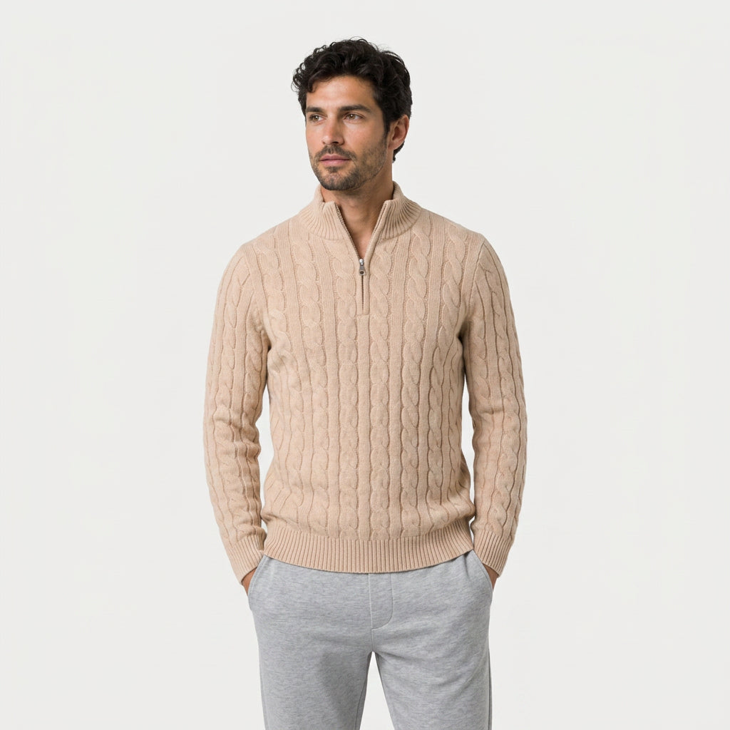 Men's cable knit quarter-zip jumper in Beige | Ombersley – front view