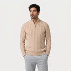 Men's cable knit quarter-zip jumper in Beige | Ombersley – front view