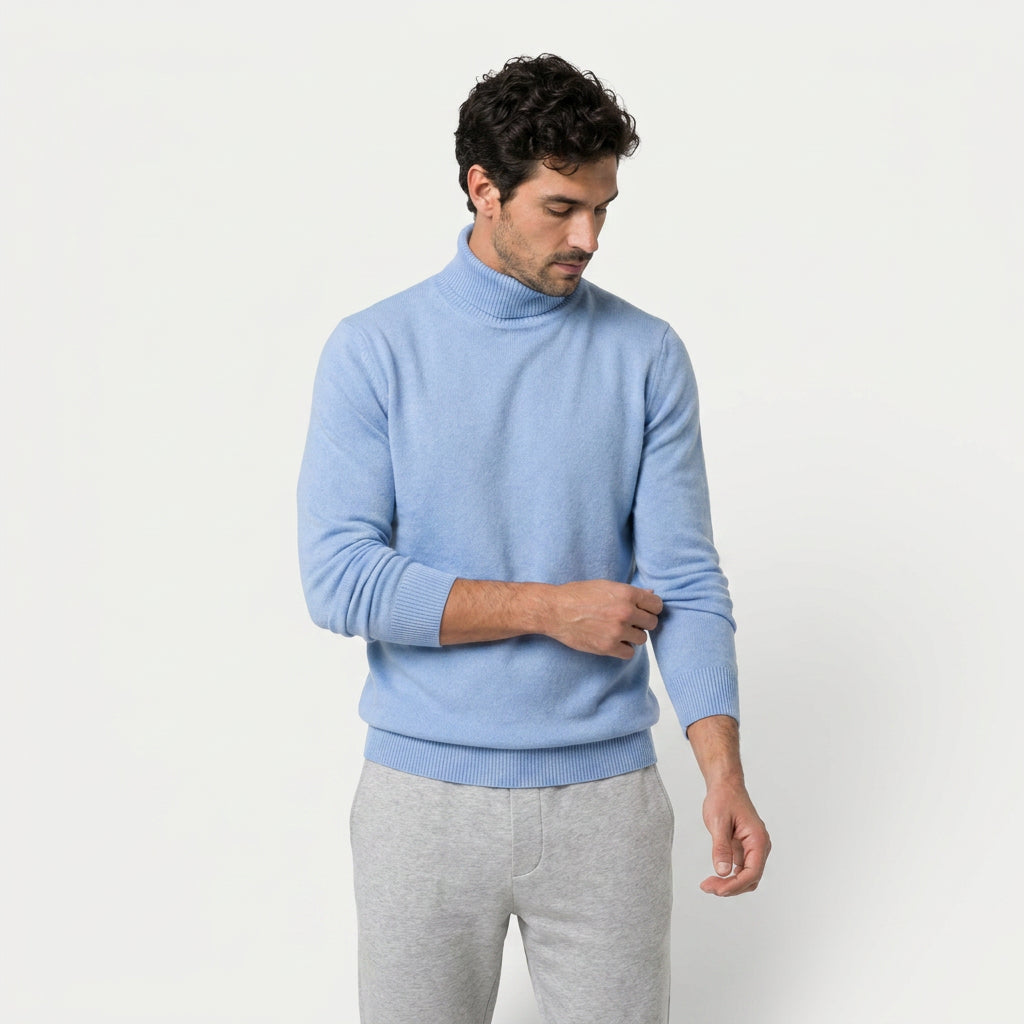 Men's roll neck jumper in Light Blue | Wambrook – front view