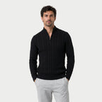 Men's cable knit quarter-zip jumper in Black | Ombersley – front view