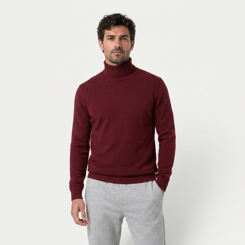 Men's roll neck jumper in Burgundy | Wambrook – front view