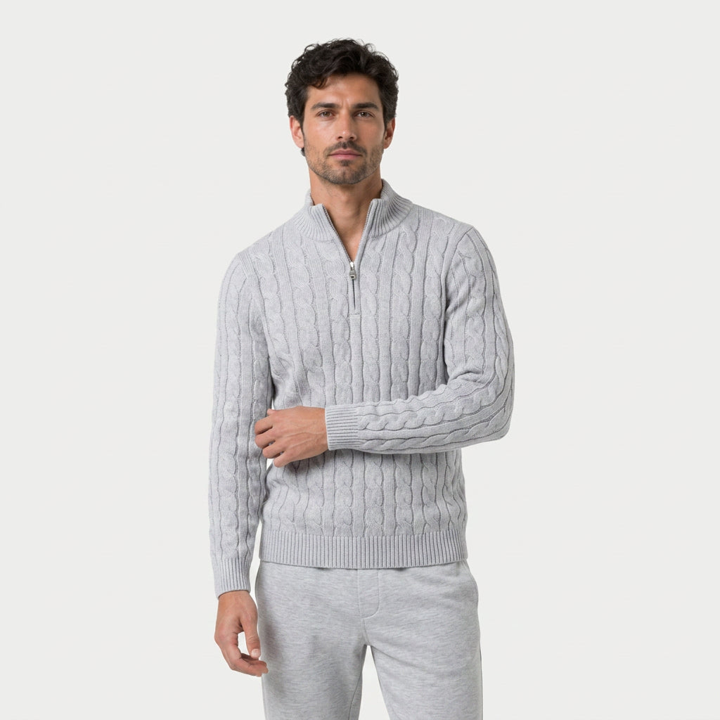 Men's cable knit quarter-zip jumper in Light Grey | Ombersley – front view