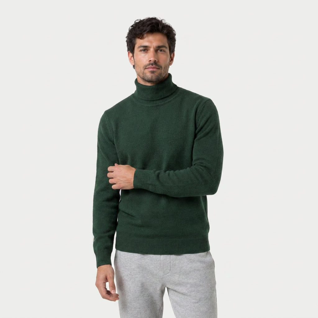 Men's roll neck jumper in Dark Green | Wambrook – front view