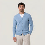 Men's ribbed V-neck cardigan in Light Blue | Owlpen – front view