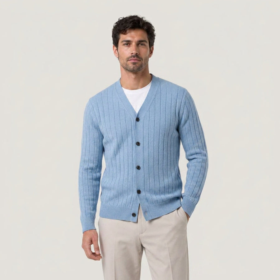 Men's ribbed V-neck cardigan in Light Blue | Owlpen – front view