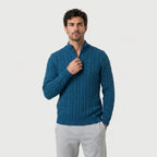 Men's cable knit quarter-zip jumper in Blue | Ombersley – front view