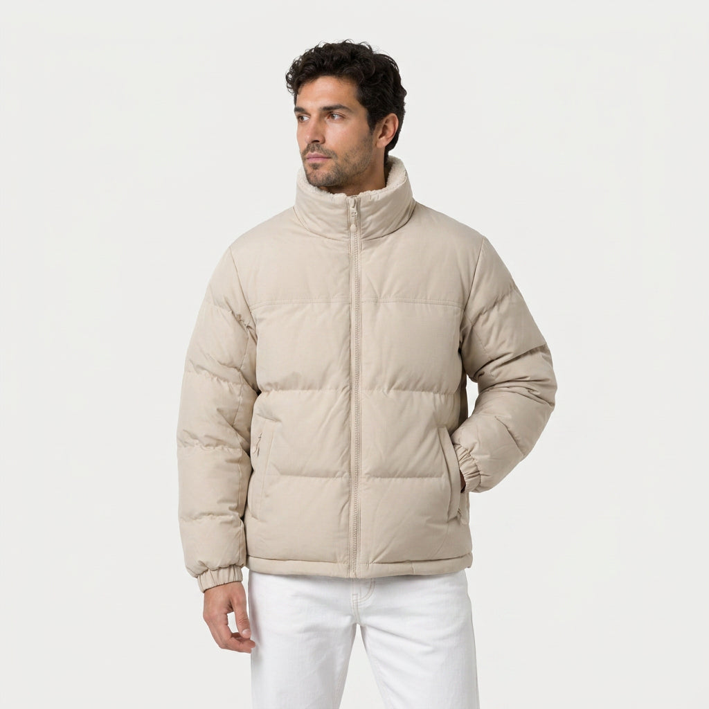 Men's Quilted Puffer Jacket in Beige | Romsey – front view