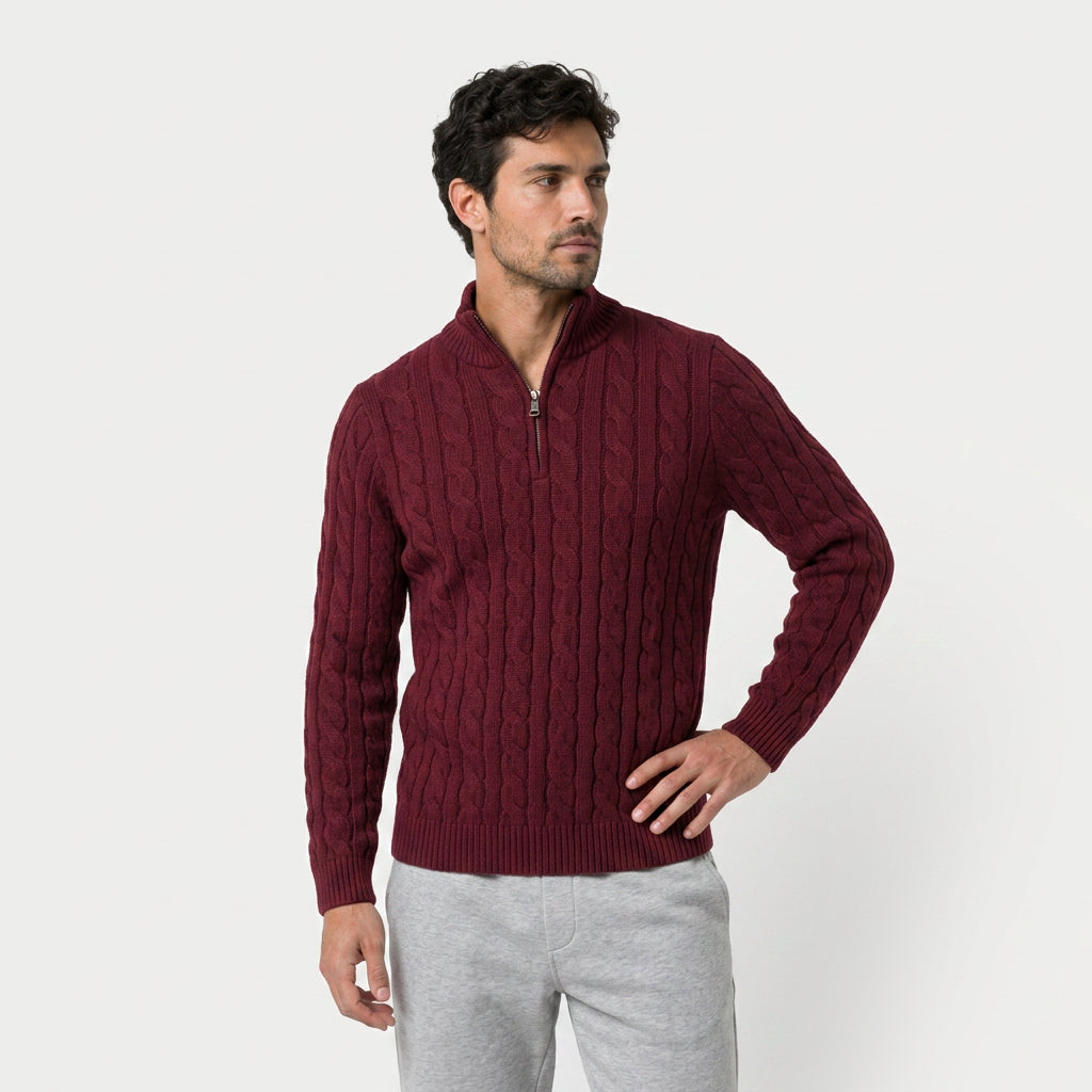 Men's cable knit quarter-zip jumper in Burgundy | Ombersley – front view