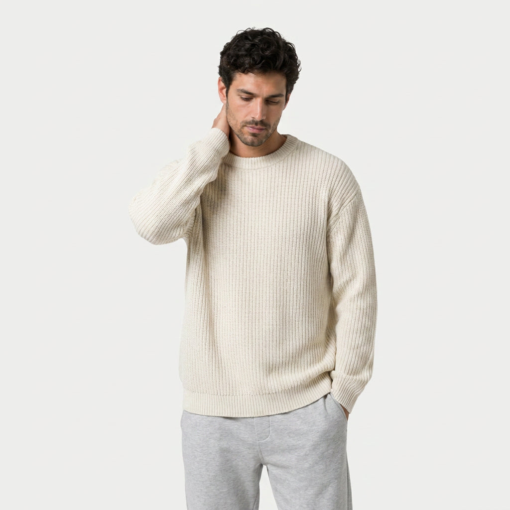 Men's ribbed crew neck jumper in Cream | Wigtoft – front view