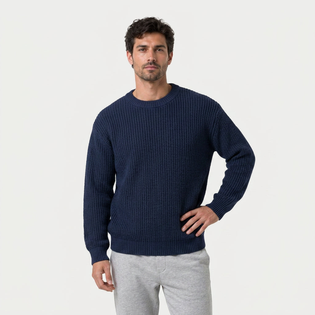 Men's ribbed crew neck jumper in Navy | Wigtoft – front view