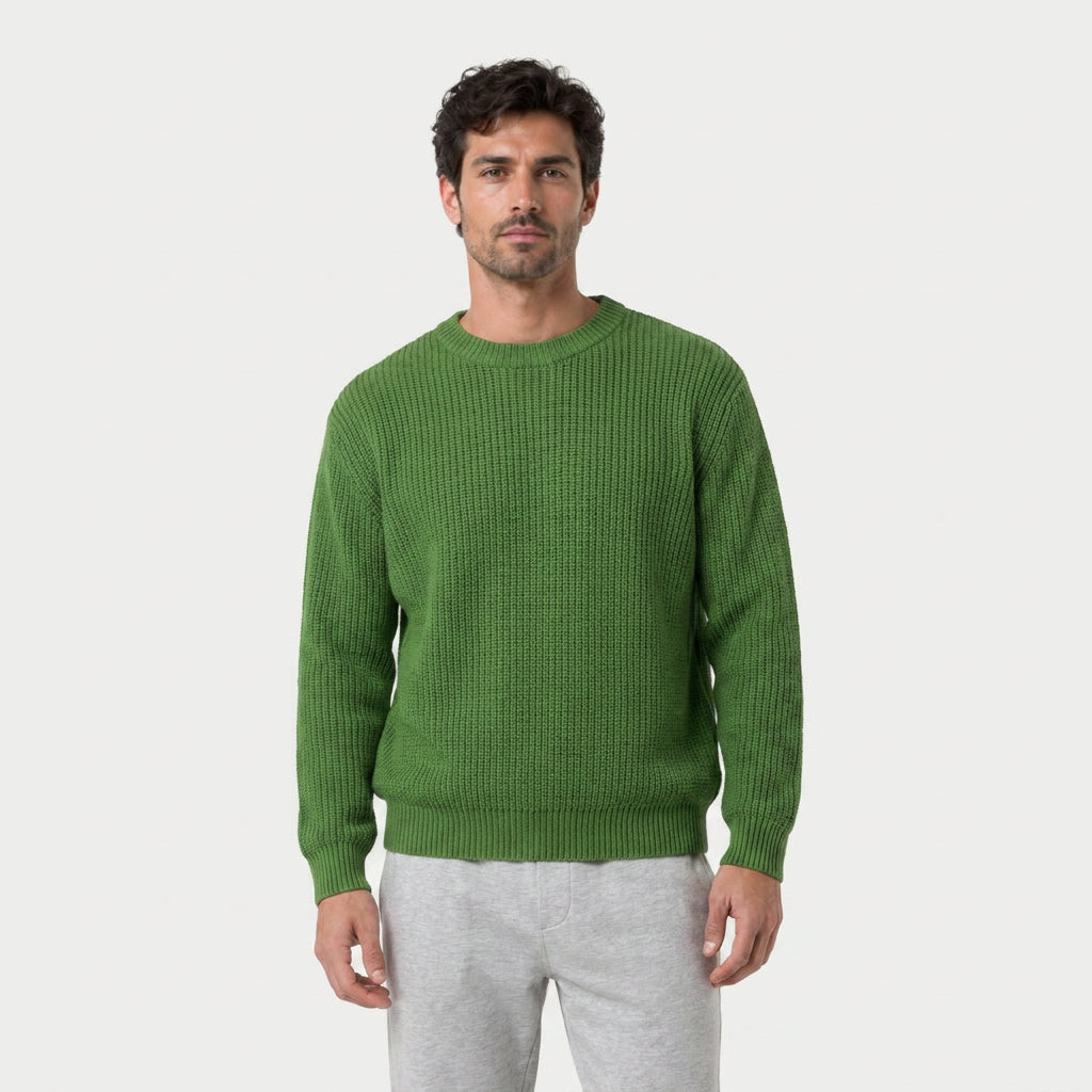 Men's ribbed crew neck jumper in Green | Wigtoft – front view