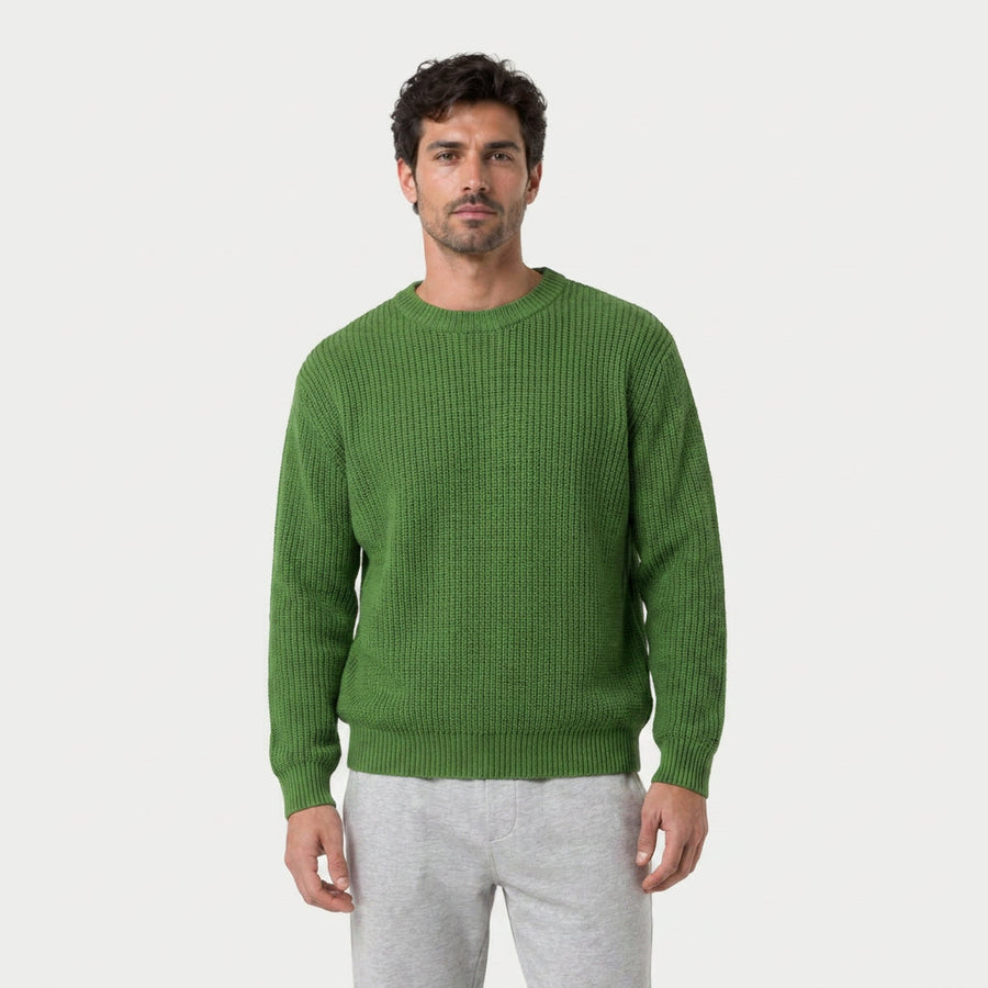 Men's ribbed crew neck jumper in Green | Wigtoft – front view
