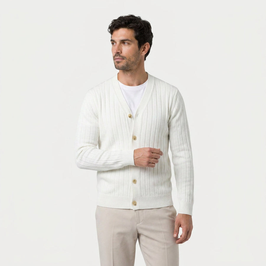 Men's ribbed V-neck cardigan in Off White | Owlpen – front view