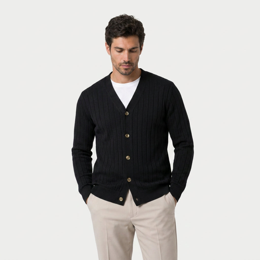 Men's ribbed V-neck cardigan in Black | Owlpen – front view