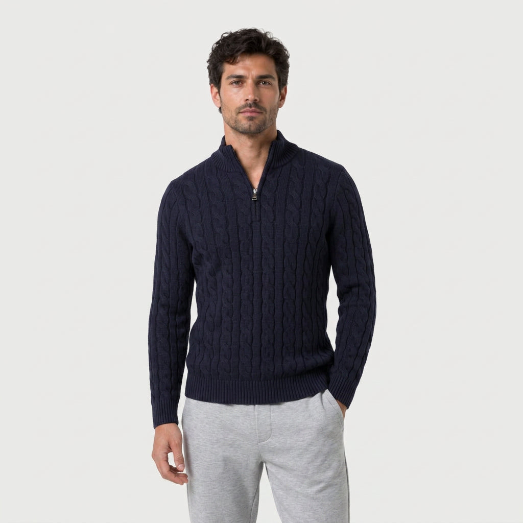 Men's cable knit quarter-zip jumper in Navy | Ombersley – front view