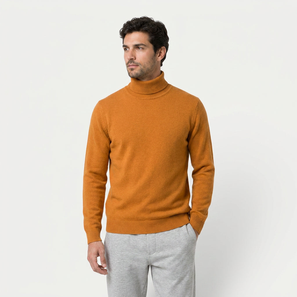 Men's roll neck jumper in Mustard | Wambrook – front view