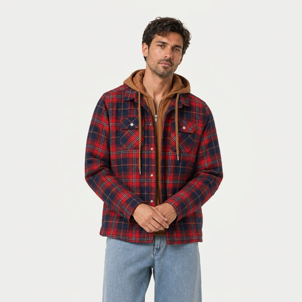 Men's hooded check shirt jacket in Navy Red Check | Rufforth – front view