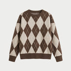 Women's argyle crew neck jumper in Brown | Langtoft – front view