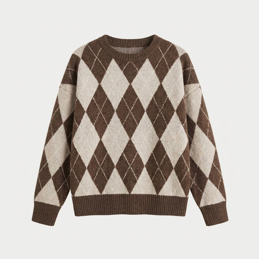 Women's argyle crew neck jumper in Brown | Langtoft – front view