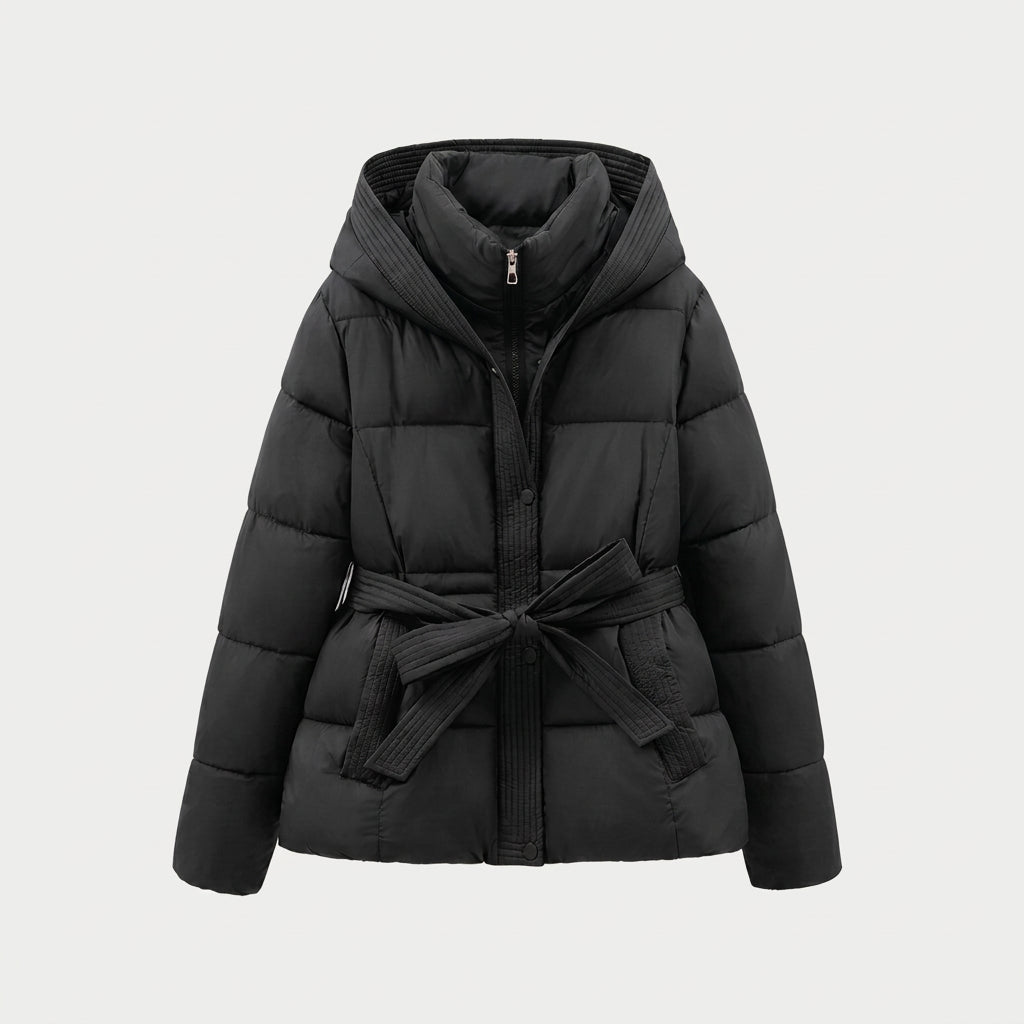 Women's belted puffer jacket in Black | Ardeley – front view