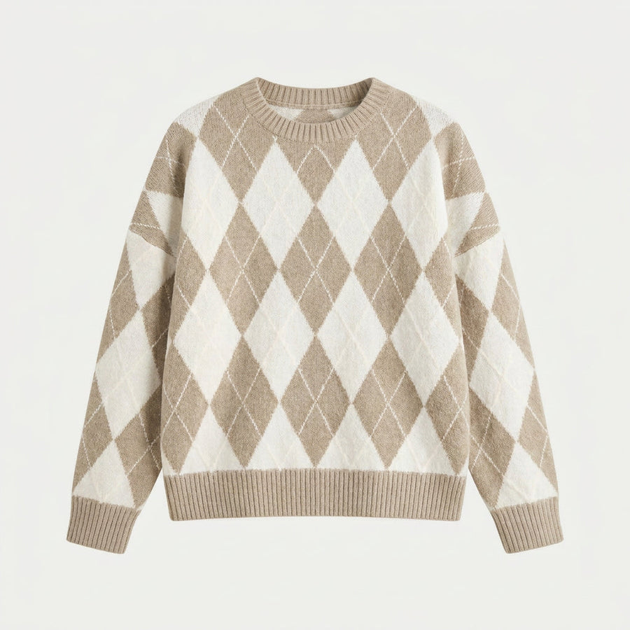 Women's argyle crew neck jumper in Beige | Langtoft – front view