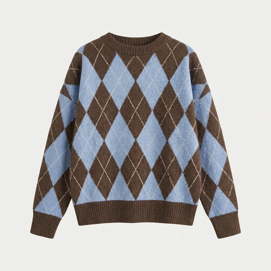 Women's argyle crew neck jumper in Blue | Langtoft – front view