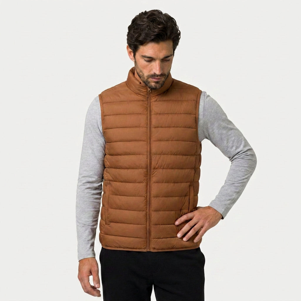 Men's Quilted Puffer Gilet in Camel | Sherston – front view