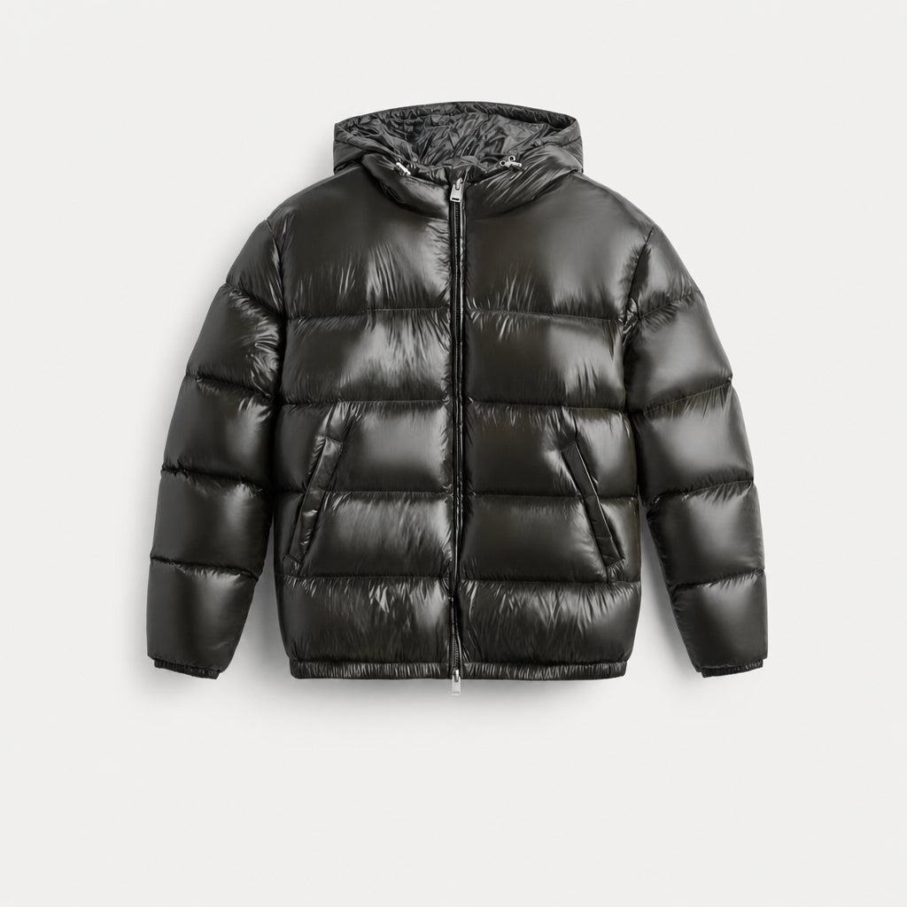 Men's high-shine hooded puffer jacket in Dark Green | Raskelf – front view