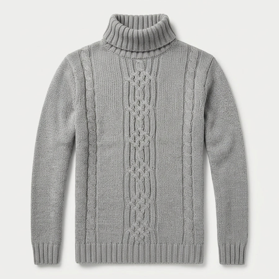 Men's cable knit roll neck jumper in Light Grey | Nettleden – front view