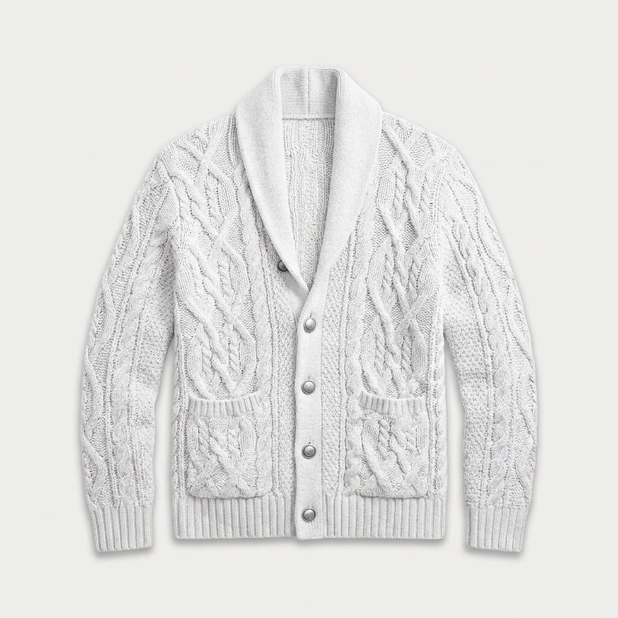 Men's shawl collar cable knit cardigan in White | Barnard – front view