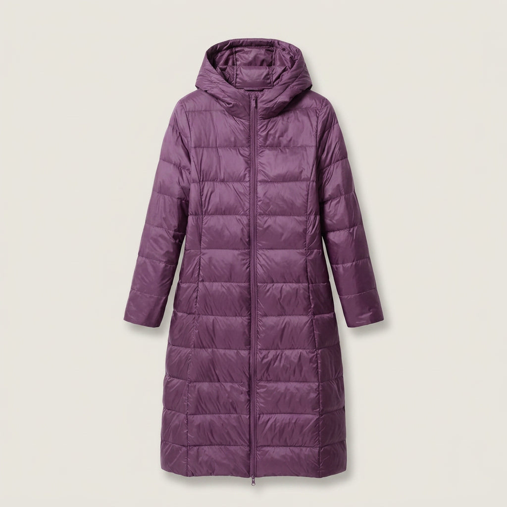 Women's Longline Puffer Coat in Plum | Idbury – front view