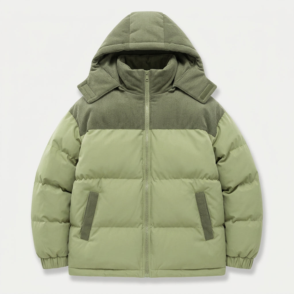Men's corduroy hooded puffer jacket in Sage | Ousby – front view