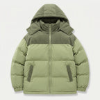 Men's corduroy hooded puffer jacket in Sage | Ousby – front view
