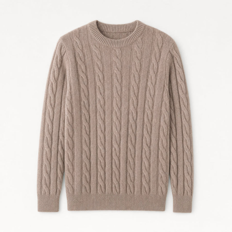 Men's cable knit crew neck jumper in Taupe | Portsoy – front view