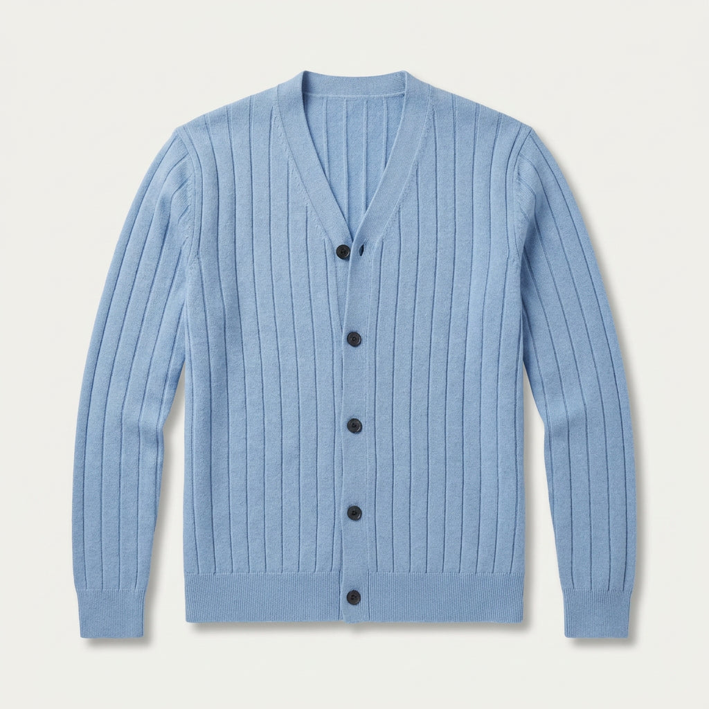 Men's ribbed V-neck cardigan in Light Blue | Owlpen – front view
