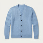 Men's ribbed V-neck cardigan in Light Blue | Owlpen – front view
