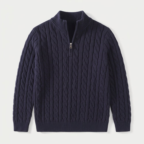 Men's cable knit quarter-zip jumper in Navy | Ombersley – front view