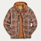 Men's hooded check shirt jacket in Brown Check | Rufforth – front view