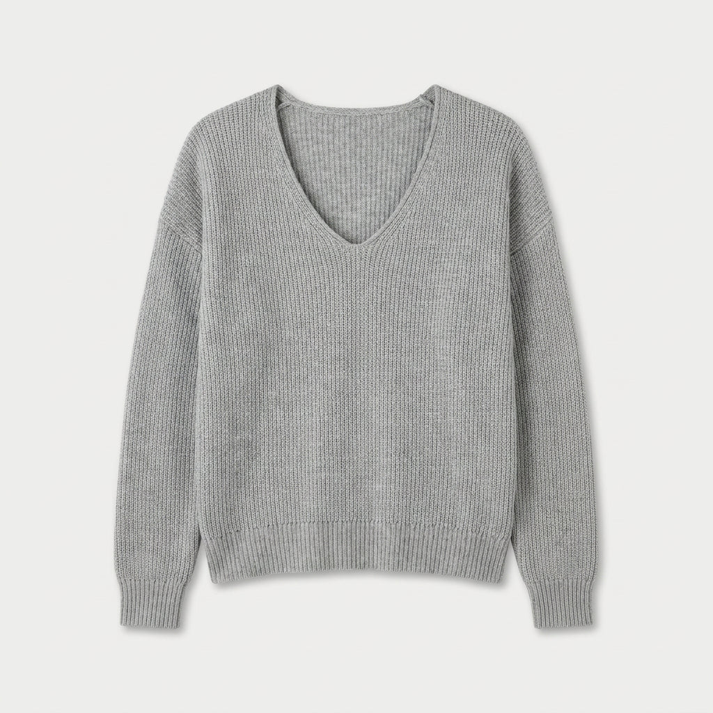 Women's Ribbed V-Neck Jumper in Light Grey | Glaisdale – front view