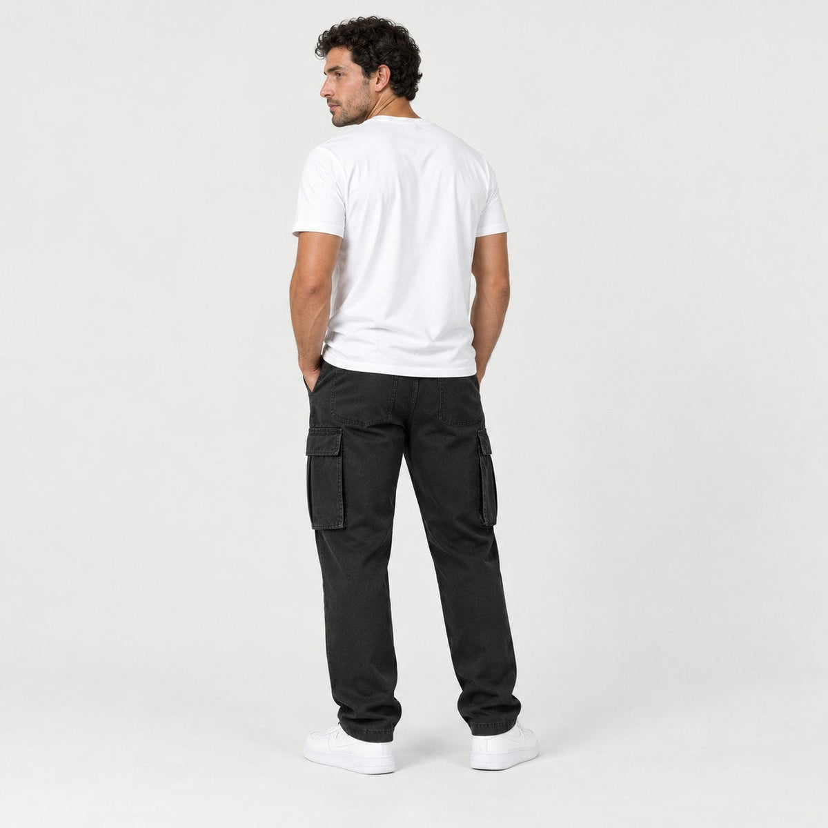 Men's Cargo Trousers in Black | Ulley – back view