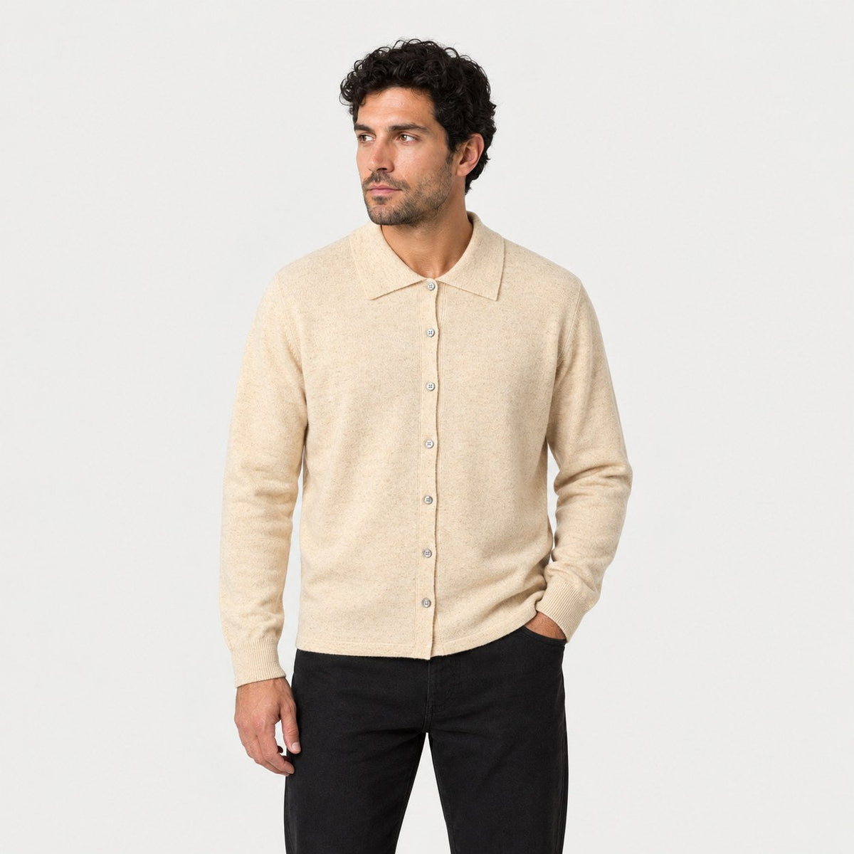 Men's knit polo cardigan in Beige | Monxton – front view