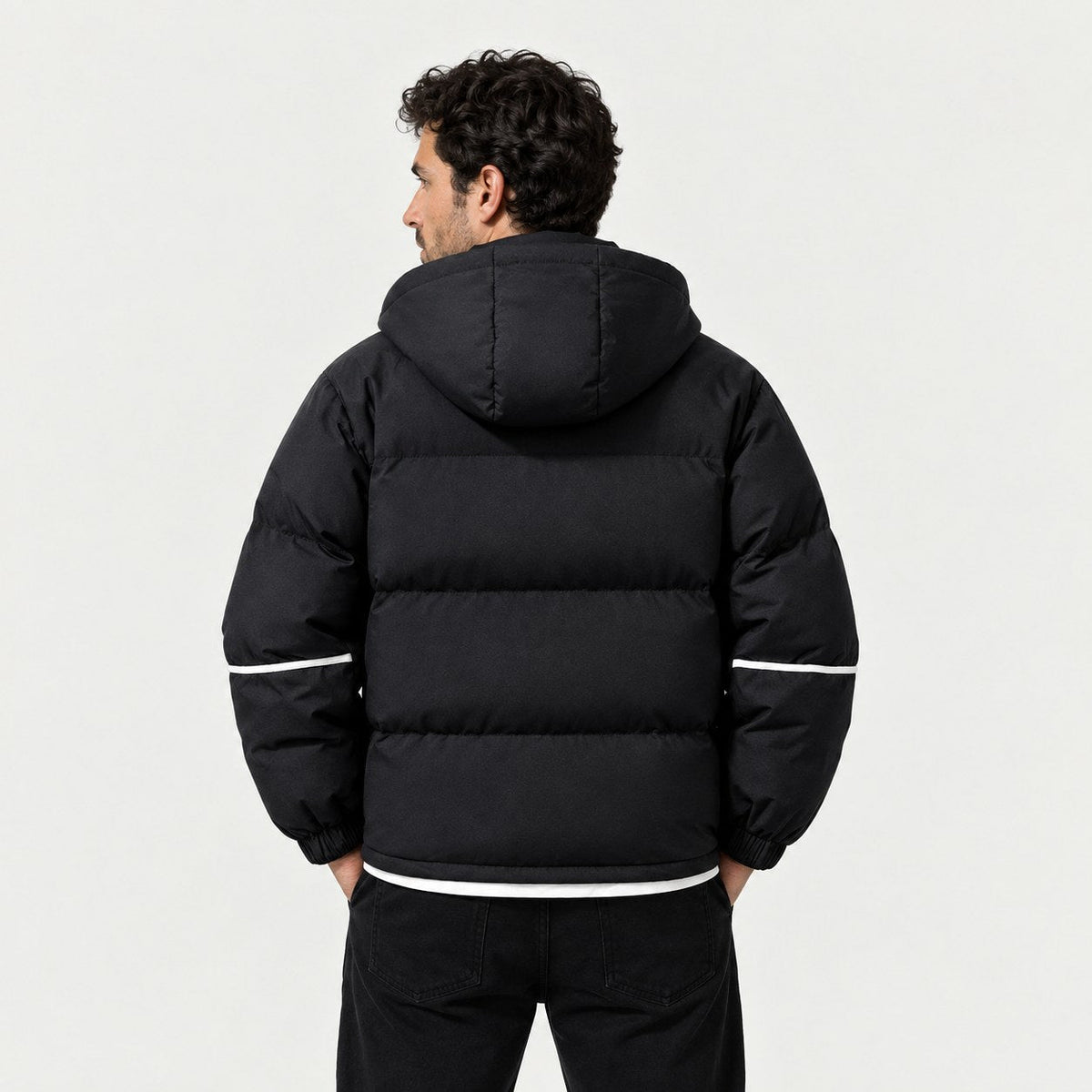 Men's hooded contrast puffer jacket in Black | Mickleton – back view