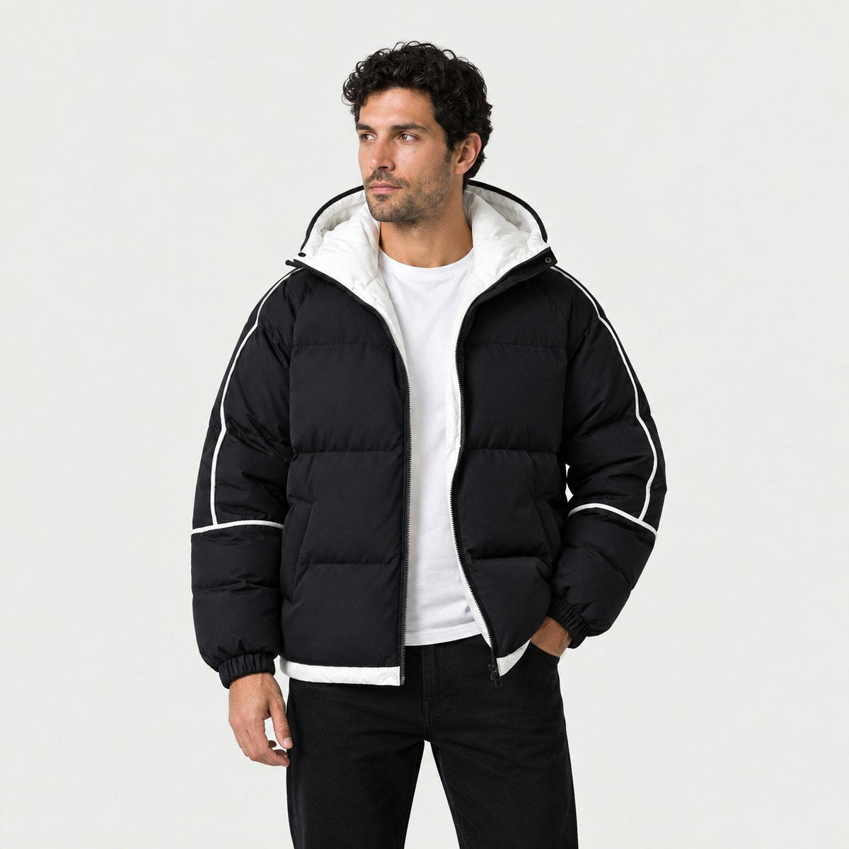 Men's hooded contrast puffer jacket in Black | Mickleton – front view
