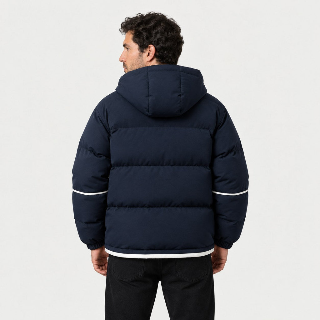 Men's hooded contrast puffer jacket in Blue | Mickleton – back view