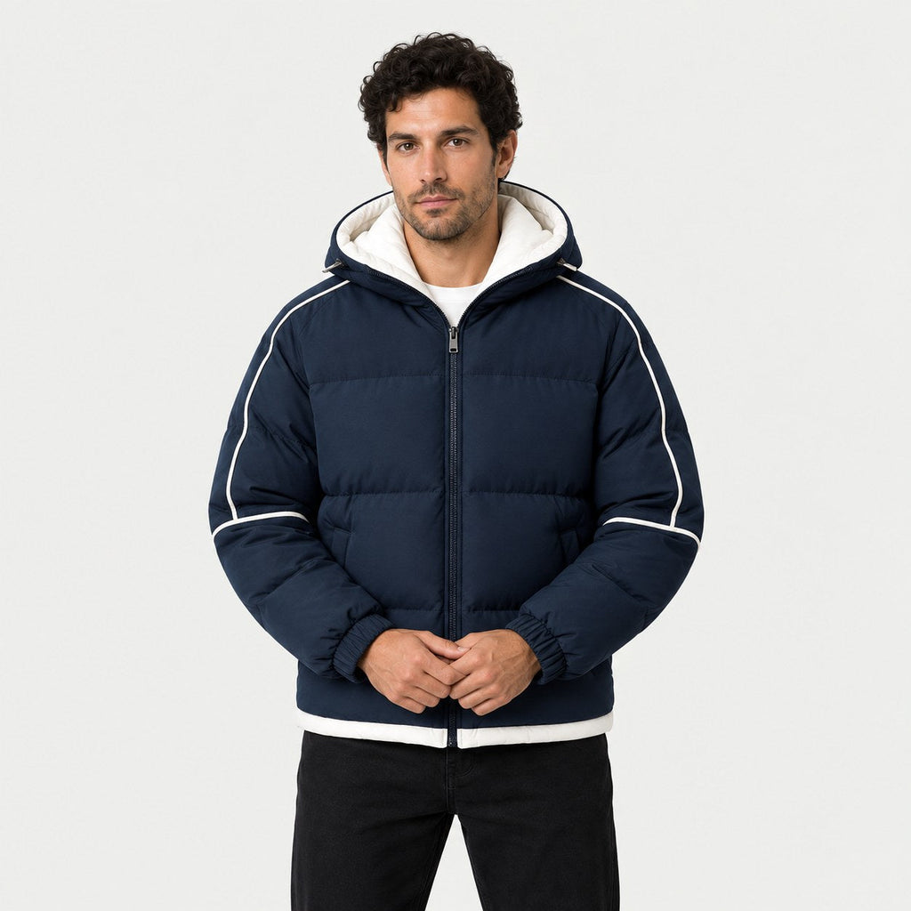 Men's hooded contrast puffer jacket in Blue | Mickleton – front view