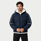 Men's hooded contrast puffer jacket in Blue | Mickleton – front view