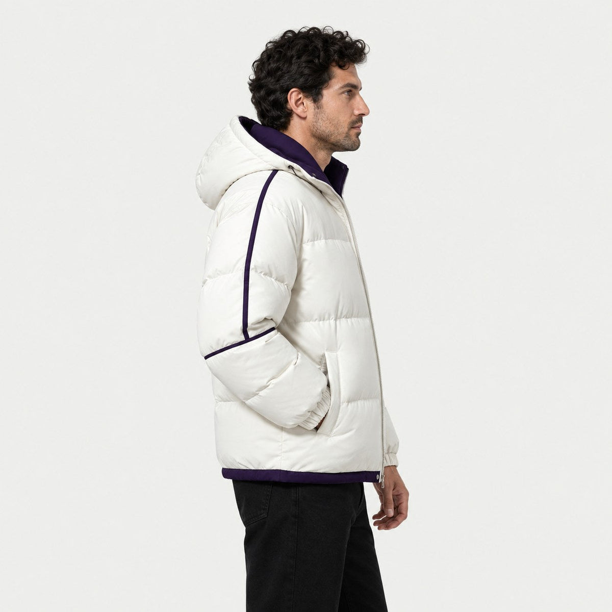 Men's hooded contrast puffer jacket in White | Mickleton – side view